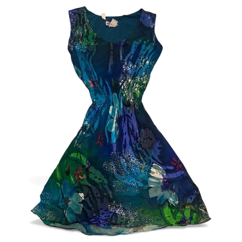 Vintage Elegant Multicolor Textured Silk Sleeveless Midi Dress - Picture 3 of 7